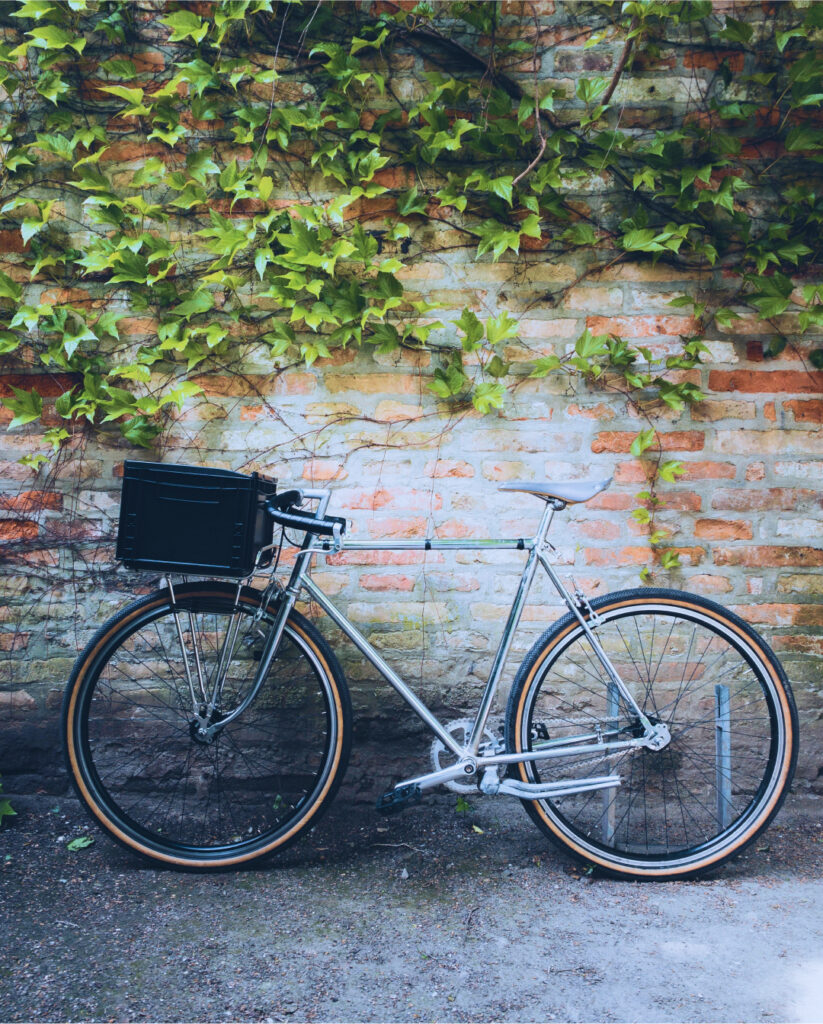 Photo d'un vélo ancien devant un mur de brique couvert de lierre.